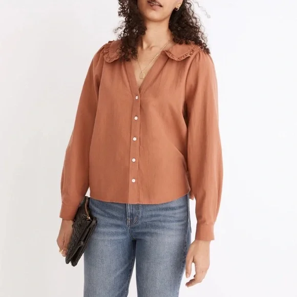 NWT Madewell Ruffle Collar Button Up Women's 14 & 16 Plus Size Umber Blouse Top - Picture 1 of 2